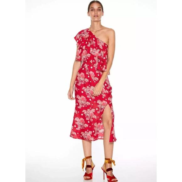 La Maison Talulah Florence Red Ruffled One Shoulder Midi Floral S